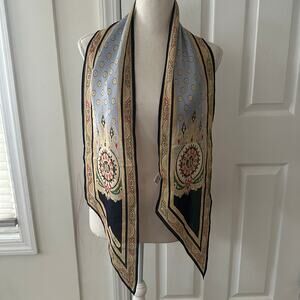 Cacharel Black Gold Silk Blend Regency Luxury Tapestry Print Long Vintage Scarf